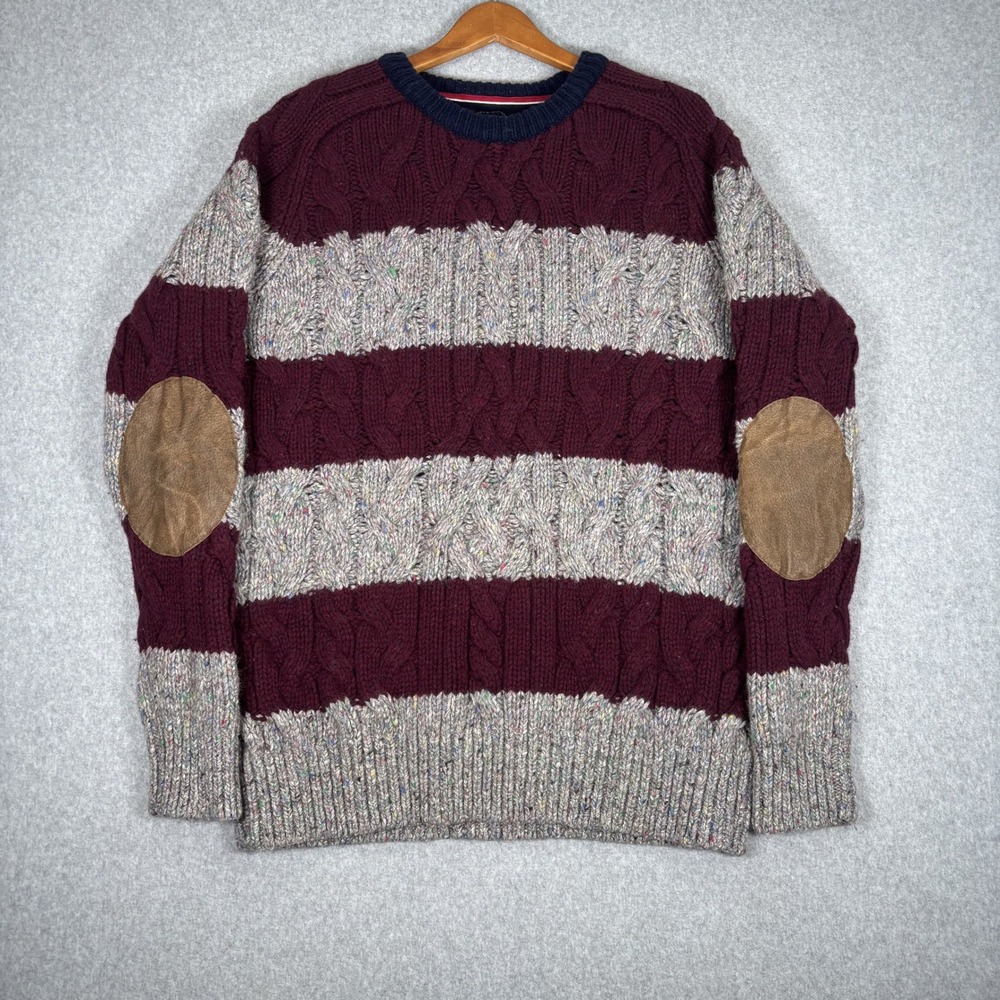 Tommy Hilfiger Sweater Mens XXL Silk Wool Burgundy Grey Striped Knit Elbow Patch